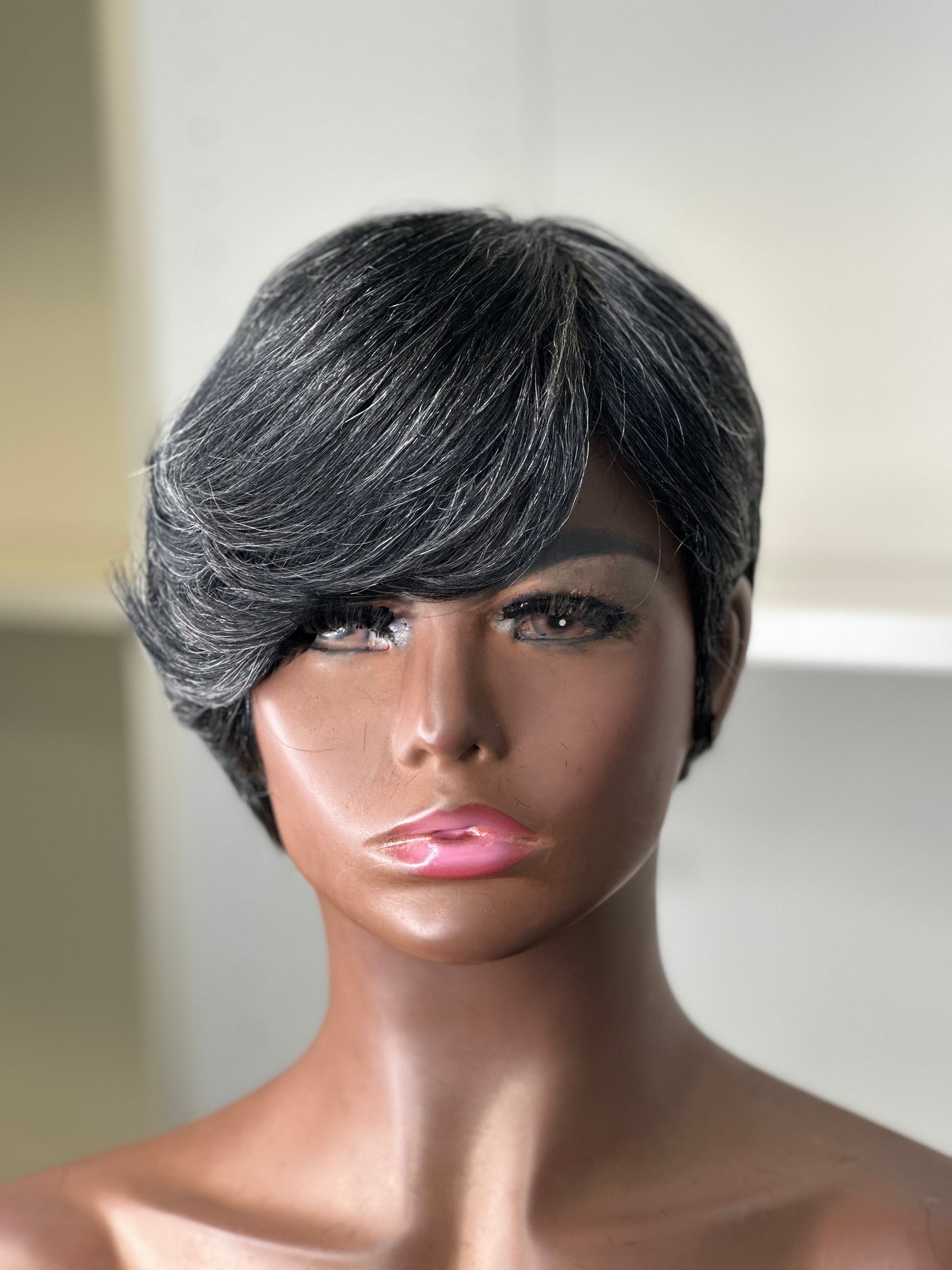Reba-Mixed Grey Short No Lace Human Hair Wig
